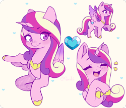 Size: 1880x1616 | Tagged: safe, artist:tiiruki, imported from derpibooru, princess cadance, alicorn, pony, cute, cutedance, doodle, eye clipping through hair, eyebrows, eyebrows visible through hair, eyes closed, female, folded wings, heart, hoof shoes, looking at you, mare, multeity, open mouth, open smile, princess shoes, raised hoof, smiling, smiling at you, solo, spread wings, wings