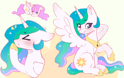 Size: 2336x1463 | Tagged: safe, artist:tiiruki, imported from derpibooru, princess celestia, alicorn, pony, ><, blushing, cute, cutelestia, doodle, emanata, eye clipping through hair, eyebrows, eyebrows visible through hair, eyes closed, female, floppy ears, folded wings, heart, heart eyes, hoof shoes, horn, looking at you, lying down, mare, one wing out, peytral, pink-mane celestia, princess shoes, prone, raised hoof, sitting, sleeping, smiling, smiling at you, solo, spread wings, wingding eyes, wings