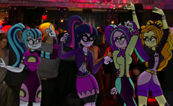 Size: 3000x1850 | Tagged: safe, artist:rdj1995, imported from derpibooru, adagio dazzle, aria blaze, sci-twi, sonata dusk, twilight sparkle, human, equestria girls, dancing, female, irl, irl human, music festival outfit, new years eve, party, photo, real life background, the dazzlings