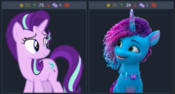 Size: 515x279 | Tagged: safe, artist:andoanimalia, edit, edited screencap, imported from derpibooru, screencap, starlight glimmer, pony, unicorn, derpibooru, to change a changeling, spoiler:g5, spoiler:my little pony: make your mark, spoiler:my little pony: make your mark chapter 6, spoiler:mymc06e04, background removed, female, g5, juxtaposition, juxtaposition win, looking at each other, looking at someone, mare, meme, meta, misty brightdawn, my little pony: make your mark, my little pony: make your mark chapter 6, open mouth, open smile, rebirth misty, secrets of starlight, smiling