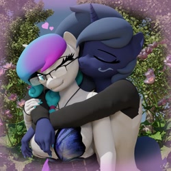 Size: 2048x2048 | Tagged: safe, artist:kenaga, imported from derpibooru, oc, oc:aurora starling, oc:midnight music, anthro, 3d, anthro oc, blue hair, braid, braided ponytail, clothes, duo, embrace, female, glasses, gradient mane, heart, hug, hug from behind, kissing, lesbian, oc x oc, one eye closed, ponytail, purple hair, shipping