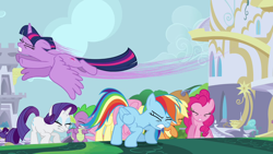 Size: 1280x720 | Tagged: safe, imported from derpibooru, screencap, applejack, fluttershy, pinkie pie, rainbow dash, rarity, spike, twilight sparkle, alicorn, pony, princess twilight sparkle (episode), flying, mane seven, mane six, twilight sparkle (alicorn)