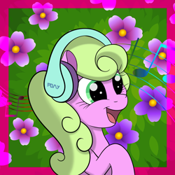 Size: 2200x2200 | Tagged: safe, artist:grimthreshold, imported from derpibooru, daisy, flower wishes, pony, bush, bust, cute, female, flower, happy, headphones, music notes, portrait, smiling, solo