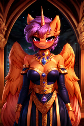 Size: 768x1152 | Tagged: safe, imported from derpibooru, majesty, scootaloo, alicorn, anthro, ai content, ai generated, alicornified, bedroom eyes, blushing, breasts, cleavage, clothes, dress, ear fluff, female, generator:easyfluff v11.2, generator:stable diffusion, horn, indoors, jewelry, looking at you, majestic, necklace, older, older scootaloo, palace, prompter:endless--, race swap, royalty, scootacorn, sexy, smiling, smiling at you, solo, spread wings, standing, wings
