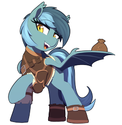 Size: 2040x2100 | Tagged: safe, artist:thebatfang, oc, oc:dusky, bat pony, pony, armor, bat pony oc, bat wings, boots, fangs, female, food, leather armor, mare, oats, one wing out, open mouth, raised hoof, shoes, simple background, solo, transparent background, wings