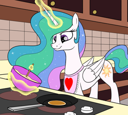 Size: 3414x3081 | Tagged: safe, artist:trash anon, imported from ponybooru, princess celestia, alicorn, apron, batter, bowl, cabinet, clothes, cooking, cutie mark, ethereal mane, female, food, heart, horn, kitchen, levitation, magic, missing accessory, pan, pancakes, smiling, solo, spoon, stove, telekinesis, wings