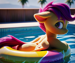 Size: 1024x864 | Tagged: prompter needed, safe, imported from derpibooru, scootaloo, pegasus, pony, ai content, ai generated, butt, female, filly, foal, inner tube, looking at you, looking back, looking back at you, plot, pool toy, solo, swimming pool