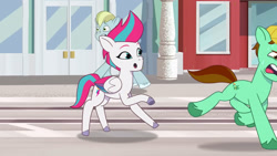 Size: 3072x1727 | Tagged: safe, imported from derpibooru, screencap, zipp storm, earth pony, pegasus, pony, spoiler:g5, spoiler:my little pony: tell your tale, spoiler:tyts02e01, :o, clapboard snap, emerald saucer, female, g5, icy prints, male, mare, my little pony: tell your tale, open mouth, running, stallion, sweat, sweatdrop, trio, unnamed character