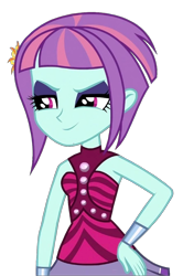 Size: 890x1340 | Tagged: safe, imported from derpibooru, sunny flare, human, equestria girls, eyeshadow, hand on hip, hasbro, looking at someone, makeup, shadowbolts, simple background, smiling, solo, transparent background