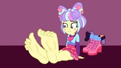 Size: 1332x748 | Tagged: safe, artist:qwqlqaq, imported from derpibooru, supernova zap, equestria girls, barefoot, clothes, feet, female, fetish, foot fetish, foot focus, shoes, shoes off, shoes removed, sitting, socks, soles, toenails, toes