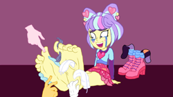 Size: 1332x748 | Tagged: safe, artist:qwqlqaq, imported from derpibooru, supernova zap, equestria girls, barefoot, clothes, crying, feet, female, fetish, foot fetish, foot focus, laughing, shoes, shoes off, shoes removed, sitting, socks, soles, tears of laughter, tickle fetish, tickle torture, tickling, toenails, toes