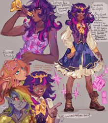 Size: 2048x2326 | Tagged: safe, artist:pumqinjun, imported from derpibooru, applejack, fluttershy, rainbow dash, twilight sparkle, altmer, bosmer, dunmer, elf, human, orc, clothes, dark skin, dress, drink, drinking, elf ears, female, gray background, humanized, jewelry, light skin, potion, simple background, skyrim, text, the elder scrolls, tiara, trio focus