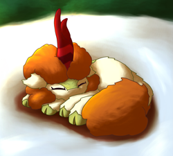 Size: 1925x1734 | Tagged: safe, artist:gosha305, imported from derpibooru, autumn blaze, kirin, awwtumn blaze, behaving like a cat, cheek fluff, cute, digital art, ear fluff, eyes closed, female, fluffy, full body, horn, kirinbetes, lying down, prone, sleeping, smiling, snow, solo, unshorn fetlocks, winter