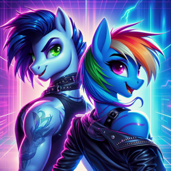 Size: 1024x1024 | Tagged: safe, imported from derpibooru, rainbow dash, soarin', anthro, ai content, ai generated, clothes, cyberpunk, female, generator:bing image creator, jacket, looking back, male, prompter:*rainbow dash*, shipping, smiling, soarindash, straight, tanktop