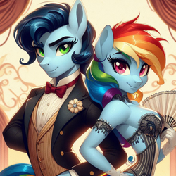 Size: 1024x1024 | Tagged: safe, imported from derpibooru, rainbow dash, soarin', anthro, ai content, ai generated, burlesque, clothes, dress, fan, female, generator:bing image creator, male, prompter:*rainbow dash*, rainbow dash always dresses in style, shipping, soarindash, straight, suit, victorian