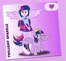 Size: 939x879 | Tagged: safe, artist:rarity3257, edit, imported from derpibooru, twilight sparkle, alicorn, human, pony, equestria girls, alicorn wings, big crown thingy, boots, clothes, element of magic, gradient background, heart, human ponidox, jewelry, ponied up, pony ears, rarity boots, regalia, self paradox, self ponidox, shoes, spread wings, twilight sparkle (alicorn), wings