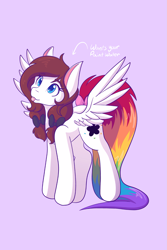 Size: 1365x2048 | Tagged: safe, artist:mscolorsplash, imported from derpibooru, oc, oc only, oc:color splash, pegasus, pony, female, mare, purple background, rainbow tail, silly, simple background, solo, spread wings, tail, tongue out, wings