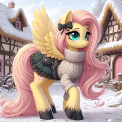 Size: 1024x1024 | Tagged: safe, imported from ponybooru, fluttershy, pegasus, pony, ai content, ai generated, alternate cutie mark, bing, bow, clothed ponies, clothes, female, hair bow, mare, ponyville, saddle, skirt, smiling, snow, solo, spread wings, sweater, tack, unshorn fetlocks, wings, winter outfit