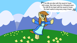 Size: 1920x1080 | Tagged: safe, artist:platinumdrop, imported from derpibooru, my little pony: pony life, one click wonder, butterscotch (g4.5), clothes, commission, dancing, g4.5 to g4, generation leap, music notes, singing, solo, speech bubble, the sound of music