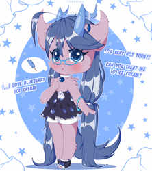 Size: 4000x4500 | Tagged: safe, artist:chura chu, imported from derpibooru, oc, oc only, oc:blubberry bell, anthro, earth pony, pony, anime style, anthro oc, blushing, chibi, clothes, coral, cute, dialogue, dress, female, food, glasses, horns, ice cream, mare, ponytails, solo