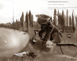 Size: 4480x3508 | Tagged: safe, imported from derpibooru, oc, oc:crossover, oc:katka, bird, goose, armor, campfire, dirty, project:wundr, punt gun, sepia, smoke