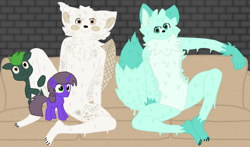 Size: 1700x1000 | Tagged: safe, imported from derpibooru, earth pony, goo, pony, unicorn, big tail, brick wall, brown eyes, claws, colt, couch, feral, floppy ears, foal, furry, gradient eyes, green body, green coat, green eyes, green mane, group, ice cream cone, male, neck fluff, owo, purple coat, roblox, sitting, spotted, stone wall, tail, white body