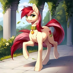 Size: 4096x4096 | Tagged: safe, imported from derpibooru, roseluck, pony, ai content, ai generated, beautiful, collar, cute, generator:purplesmart.ai, generator:stable diffusion, long tail, pet tag, pony pet, prompter:doom9454, rosepet, tail, walking