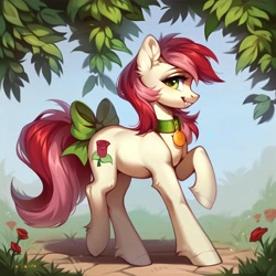 Size: 4096x4096 | Tagged: safe, imported from derpibooru, roseluck, pony, ai content, ai generated, bow, collar, cute, fangs, generator:purplesmart.ai, generator:stable diffusion, pet tag, pony pet, prompter:doom9454, rosepet, tail, tail bow, walking