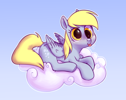 Size: 2058x1626 | Tagged: safe, artist:smeevel27, imported from derpibooru, derpy hooves, pegasus, pony, blue, cloud, cross-eyed, cute, derpabetes, female, folded wings, gradient background, lying down, lying on a cloud, mare, on a cloud, prone, solo, tongue out, wings