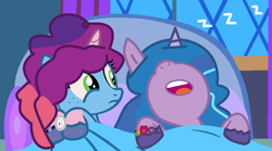 Size: 860x479 | Tagged: safe, artist:jadeharmony, imported from derpibooru, izzy moonbow, pony, unicorn, bed, blanket, female, g5, g5 to g4, generation leap, lesbian, mare, misty brightdawn, mizzy, onomatopoeia, rebirth misty, shipping, sleeping, sleeping together, snoring, sound effects, zzz