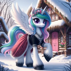 Size: 1024x1024 | Tagged: safe, imported from ponybooru, princess celestia, alicorn, pony, ai content, ai generated, bing, clothed ponies, clothes, female, flower, flower in hair, house, mare, skirt, snow, solo, spread wings, unshorn fetlocks, village, wings