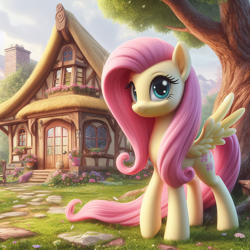 Size: 2048x2048 | Tagged: safe, imported from derpibooru, prompter:montaraz13, fluttershy, pegasus, pony, ai content, ai generated, cottage, cute, generator:dall-e 3, house, looking at you, shyabetes, smiling, solo, spread wings, standing, tree, wings