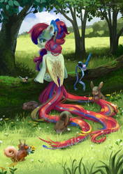 Size: 2251x3200 | Tagged: safe, artist:teaflower300, imported from derpibooru, oc, oc only, bird, pegasus, pony, rabbit, squirrel, animal, bow, commission, facing away, female, flower, flower in tail, grass, hair bow, high res, log, mare, nature, ribbon, scenery, sitting, smiling, solo, tail, tree