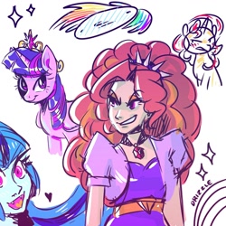 Size: 1000x1000 | Tagged: safe, artist:drizzledazzle, imported from derpibooru, adagio dazzle, rainbow dash, sonata dusk, sunset shimmer, twilight sparkle, alicorn, human, pony, unicorn, equestria girls, big crown thingy, blushing, clothes, crown, element of magic, group, heart, jewelry, necklace, regalia, simple background, sketch, sketch dump, smiling, smirk, twilight sparkle (alicorn), white background