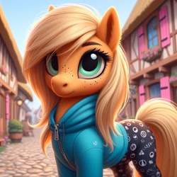 Size: 1024x1024 | Tagged: safe, imported from ponybooru, applejack, earth pony, pony, ai content, ai generated, alternate hairstyle, bing, clothed ponies, clothes, female, fluffy, hoodie, leggings, mare, missing accessory, ponyville, solo