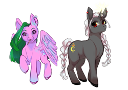 Size: 3661x2574 | Tagged: safe, artist:artbysarf, imported from derpibooru, oc, oc only, oc:bright idea, oc:ruby radiant, earth pony, pegasus, pony, unicorn, derpibooru community collaboration, 2024 community collab, burn marks, burned, duo, ear piercing, earring, female, high res, jewelry, mare, markings, mouth hold, pencil, piercing, ponified, ponified oc, ponytail, raised hoof, raised leg, scar, simple background, transparent background, unshorn fetlocks