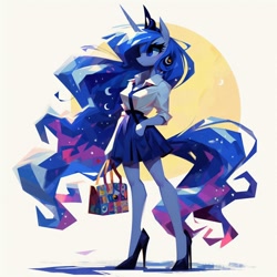 Size: 1024x1024 | Tagged: safe, imported from derpibooru, princess luna, anthro, abstract, abstract art, abstract background, adorasexy, ai content, ai generated, angular, bag, beautiful, clothes, cute, female, hand in pocket, handbag, high heels, modern art, necktie, office lady, prompter:horselover fat, sexy, shirt, shoes, simple background, skirt, smiling, solo, white background