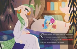 Size: 4096x2650 | Tagged: safe, artist:bearmation, imported from derpibooru, captain celaeno, princess skystar, anthro, bird, classical hippogriff, hippogriff, parrot, parrot pirates, my little pony: the movie, adopted offspring, alternate universe, bed, bedroom, duo, duo female, female, headcanon, high res, in bed, mother and child, mother and daughter, ornithian, parent:captain celaeno, pirate, smiling, story included, text, younger