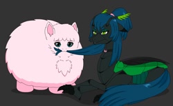Size: 1162x718 | Tagged: safe, artist:mixermike622, imported from derpibooru, queen chrysalis, oc, oc:fluffle puff, changeling, changeling queen, earth pony, original species, pony, alternate design, biting, canon x oc, chrysipuff, duo, duo female, female, fluffy, gray background, hair bite, lesbian, lying down, mare, mouth hold, prone, shipping, simple background