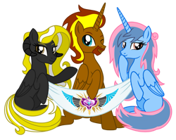 Size: 1003x797 | Tagged: safe, artist:jennieoo, imported from derpibooru, oc, oc only, oc:liliosa, oc:prince cosmic light, oc:princess sorraia, alicorn, derpibooru community collaboration, 2024 community collab, banner, emblem, flag, one eye closed, rilacorn, simple background, transparent background, trio, wink