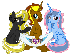 Size: 6297x5000 | Tagged: safe, artist:jennieoo, imported from derpibooru, oc, oc only, oc:liliosa, oc:prince cosmic light, oc:princess sorraia, alicorn, derpibooru community collaboration, 2024 community collab, banner, beard, facial hair, horn, horns, looking at you, simple background, smiling, smiling at you, transparent background, vector