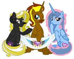 Size: 6297x5000 | Tagged: safe, artist:jennieoo, imported from derpibooru, oc, oc:liliosa, oc:prince cosmic light, oc:princess sorraia, alicorn, pony, derpibooru community collaboration, 2024 community collab, banner, beard, facial hair, horn, horns, logo, looking at you, rilacorn, show accurate, simple background, smiling, smiling at you, transparent background, vector