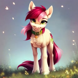 Size: 4096x4096 | Tagged: safe, imported from derpibooru, roseluck, pony, ai content, ai generated, collar, cute, fluffy, generator:purplesmart.ai, generator:stable diffusion, looking at you, pet tag, pony pet, prompter:doom9454, rosepet, standing