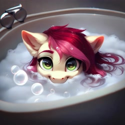 Size: 4096x4096 | Tagged: safe, imported from derpibooru, roseluck, pony, ai content, ai generated, bath, bubble bath, cute, fluffy, generator:purplesmart.ai, generator:stable diffusion, looking at you, pony pet, prompter:doom9454, rosepet, wet, wet mane