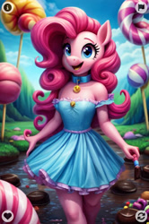 Size: 896x1346 | Tagged: safe, imported from twibooru, applejack, fluttershy, pinkie pie, rainbow dash, rarity, twilight sparkle, anthro, earth pony, human, pony, equestria girls, spoiler:eqg specials, ai content, candy, candyland, chocolate, cute, food, happy, humanized, image, imagination, lollipop, mane six, needs more jpeg, pinkamena diane pie, sugarfest, wonderland