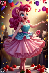 Size: 913x1354 | Tagged: safe, imported from twibooru, party time, pinkie pie, anthro, earth pony, human, pony, equestria girls, spoiler:eqg specials, ai content, cake, dancing, food, happy, happy birthday, humanized, image, needs more jpeg, pinkamena diane pie, pinkie being pinkie, pinkie party, silly, silly pony