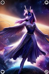 Size: 897x1338 | Tagged: safe, imported from twibooru, twilight sparkle, alicorn, anthro, earth pony, human, pegasus, unicorn, equestria girls, ai content, ai generated, beauty, dancing, humanized, image, needs more jpeg, night, regal, space, stars, twilight sparkle (alicorn)