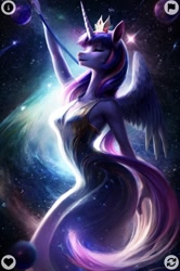 Size: 888x1334 | Tagged: safe, imported from twibooru, twilight sparkle, alicorn, anthro, human, unicorn, equestria girls, ai content, ai generated imagery, humanized, image, needs more jpeg, space