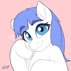 Size: 2704x2704 | Tagged: safe, artist:rivin177, imported from derpibooru, oc, oc:snow pup, pony, blue eyes, bust, heart, hoof on cheek, looking at you, patreon, patreon reward, portrait, raised hoof, simple background, smiling