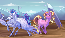Size: 2900x1700 | Tagged: safe, artist:uunicornicc, imported from derpibooru, luster dawn, princess flurry heart, alicorn, pony, unicorn, :t, armor, cloven hooves, duo, duo female, eyes on the prize, female, flurrydawn, gritted teeth, lesbian, looking at someone, mare, mud, older, older flurry heart, shipping, spear, spread wings, teeth, warrior flurry heart, weapon, wings
